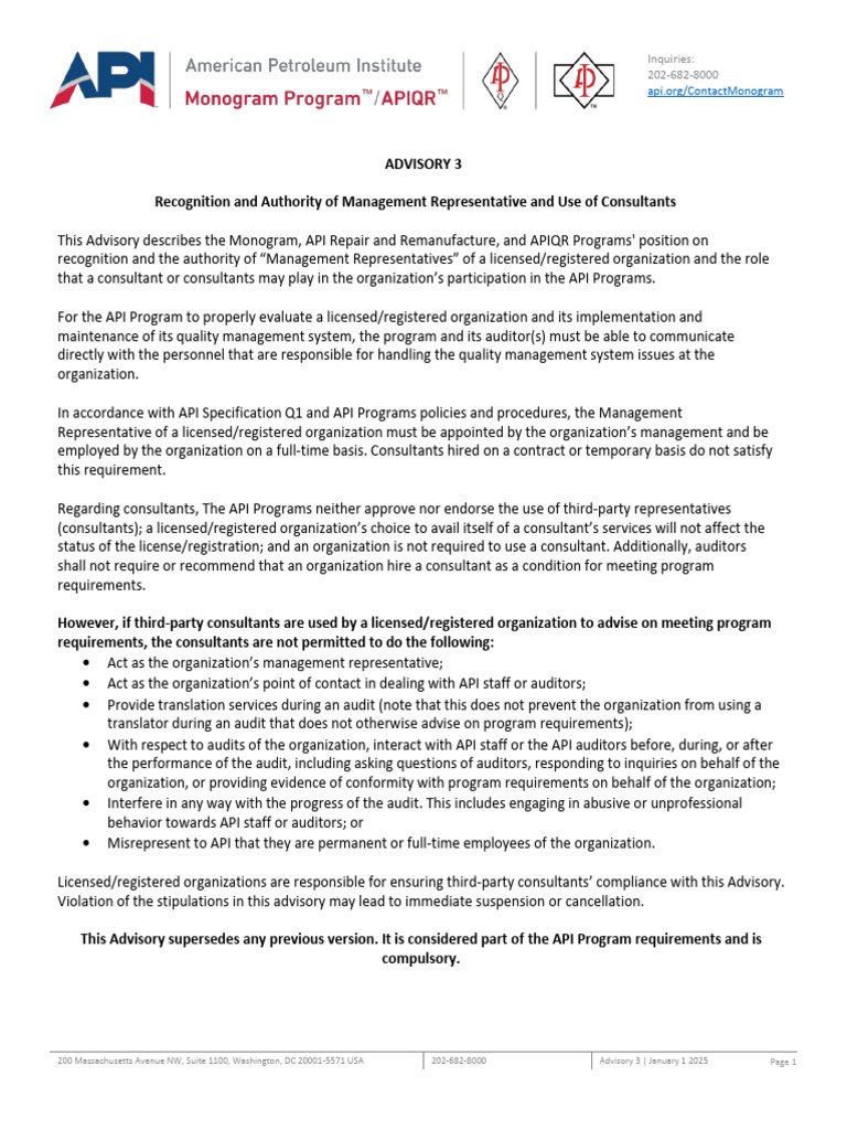 Advisory_3_Management_Representative_20250122 | PDF | Audit | Consultant