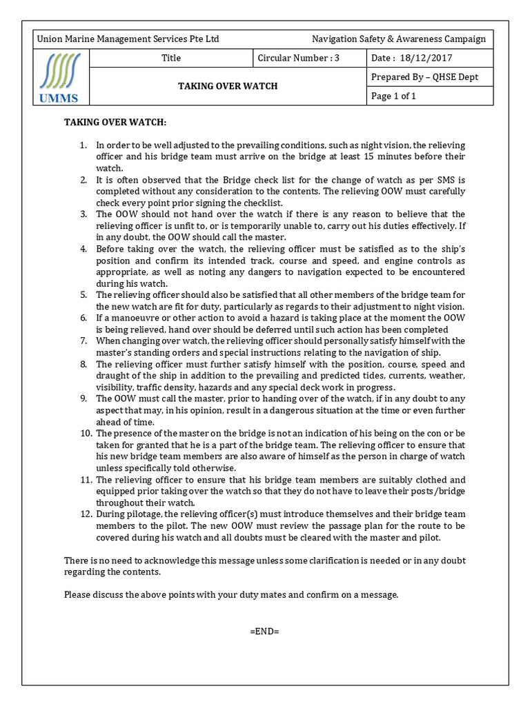 Watch Transition Guidelines for Officers | PDF | Maritime Pilot