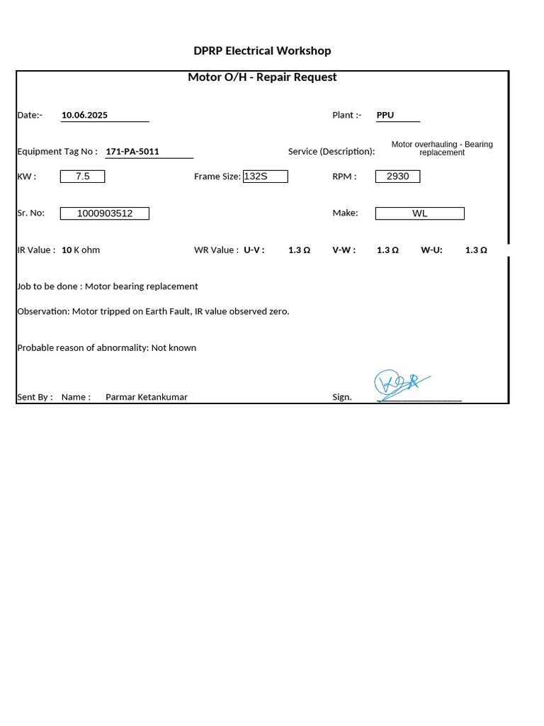 Motor O - H Request Form - 171-PA-5001 - 10-06-2025 | PDF