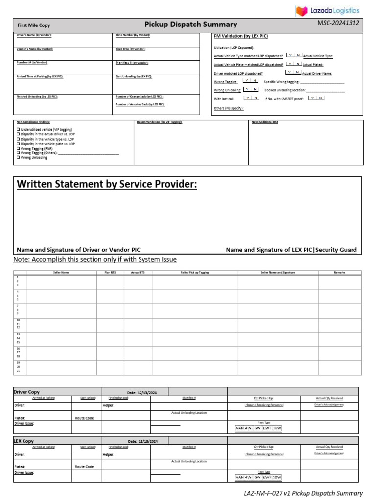 Pickup Dispatch Summary Report | PDF | Vehicles