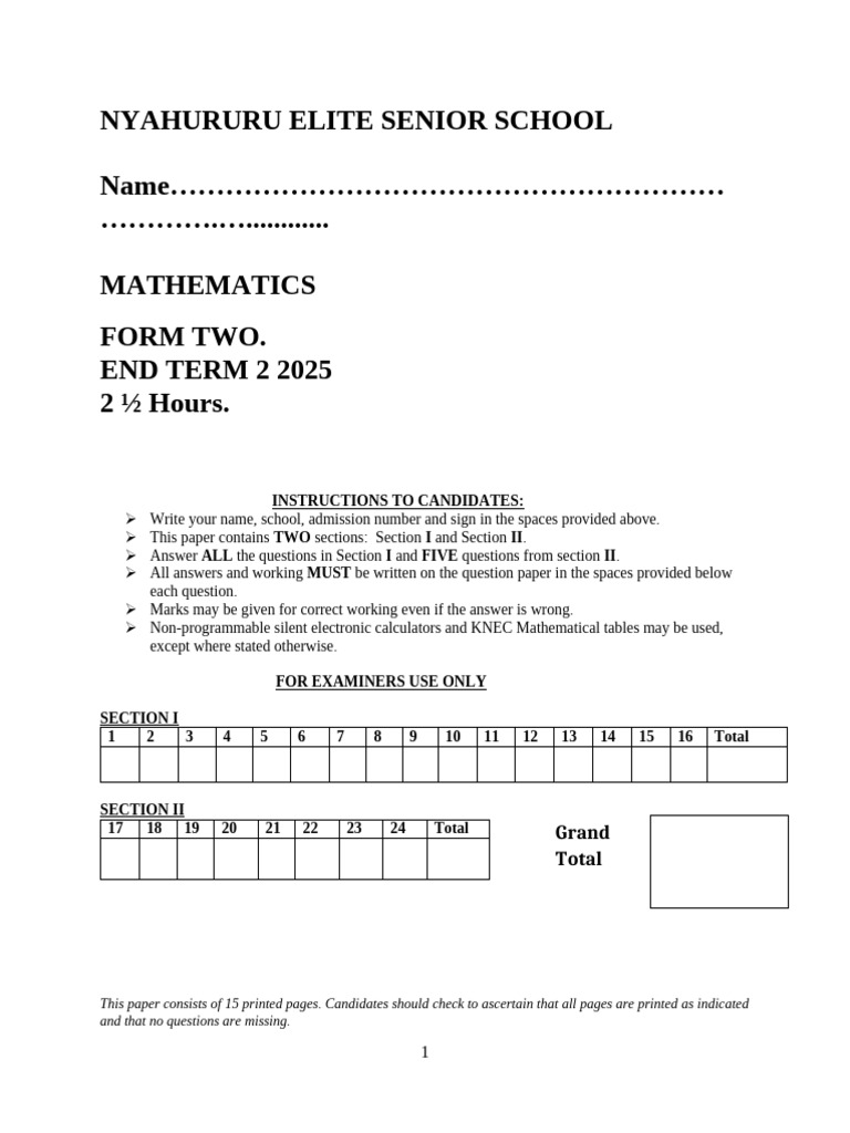 Form Two Mathematics End Term 2 | PDF | Mathematics