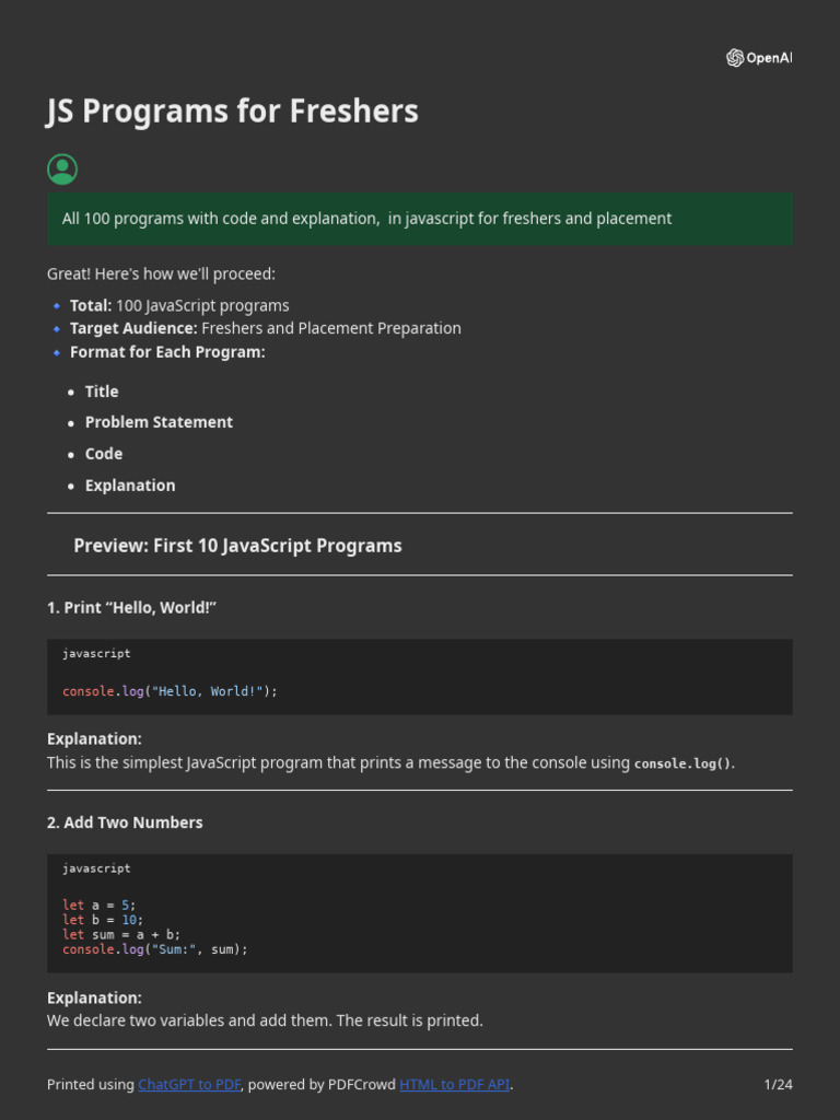 JavaScript Programs for Freshers | PDF | Computing | Software Engineering