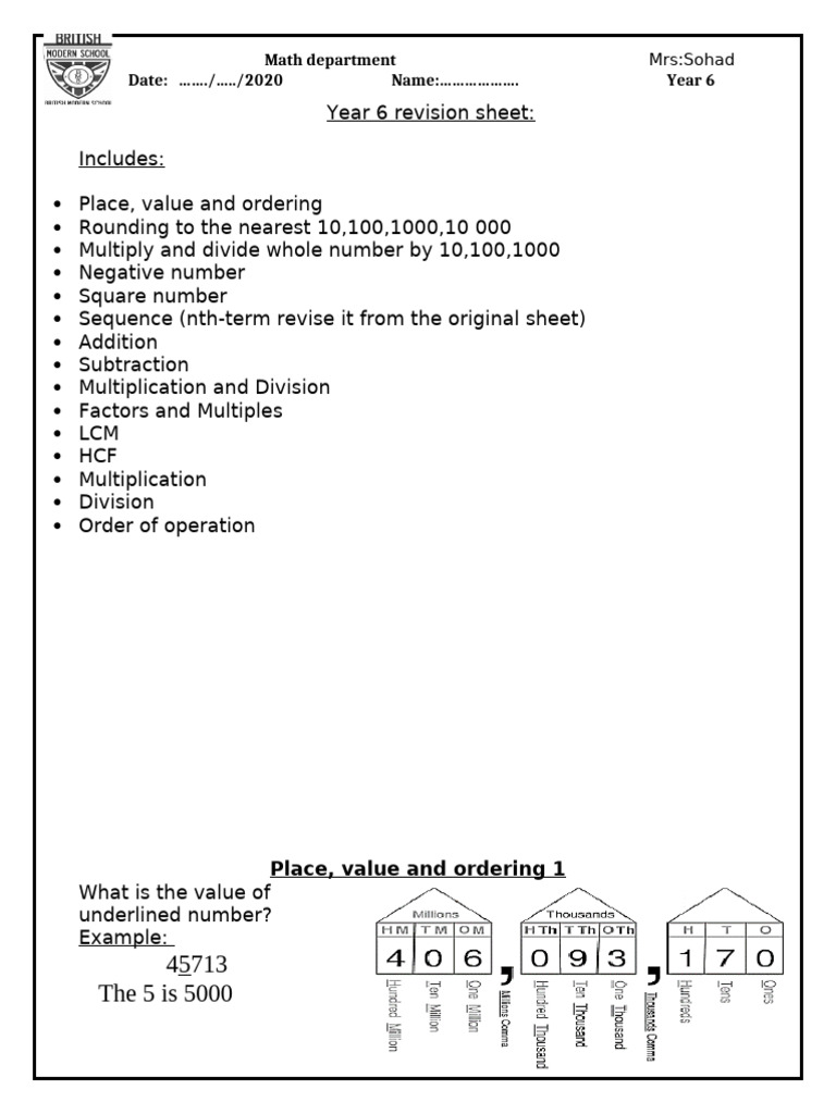 Year 6 Math Revision Guide | PDF | Multiplication | Abstract Algebra