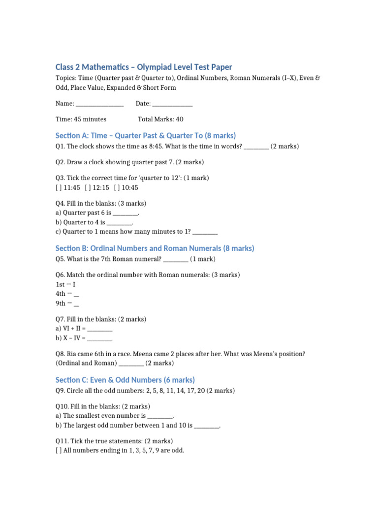 Class 2 Maths Olympiad Test Paper | PDF