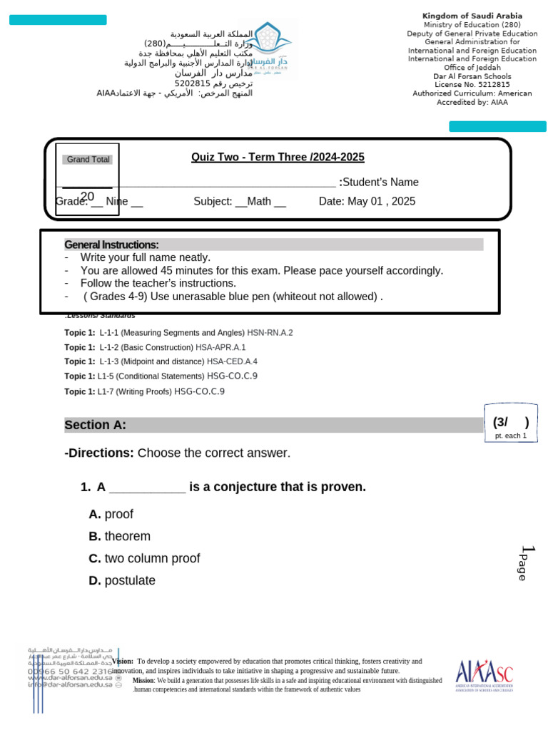 Saudi Math Curriculum Quiz 2025 | PDF | Mathematical Proof | Critical ...