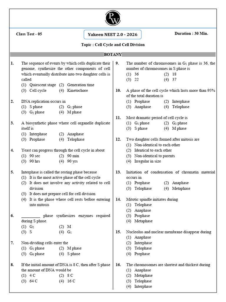 Cell Cycle and Division Test Questions | PDF | Meiosis | Mitosis