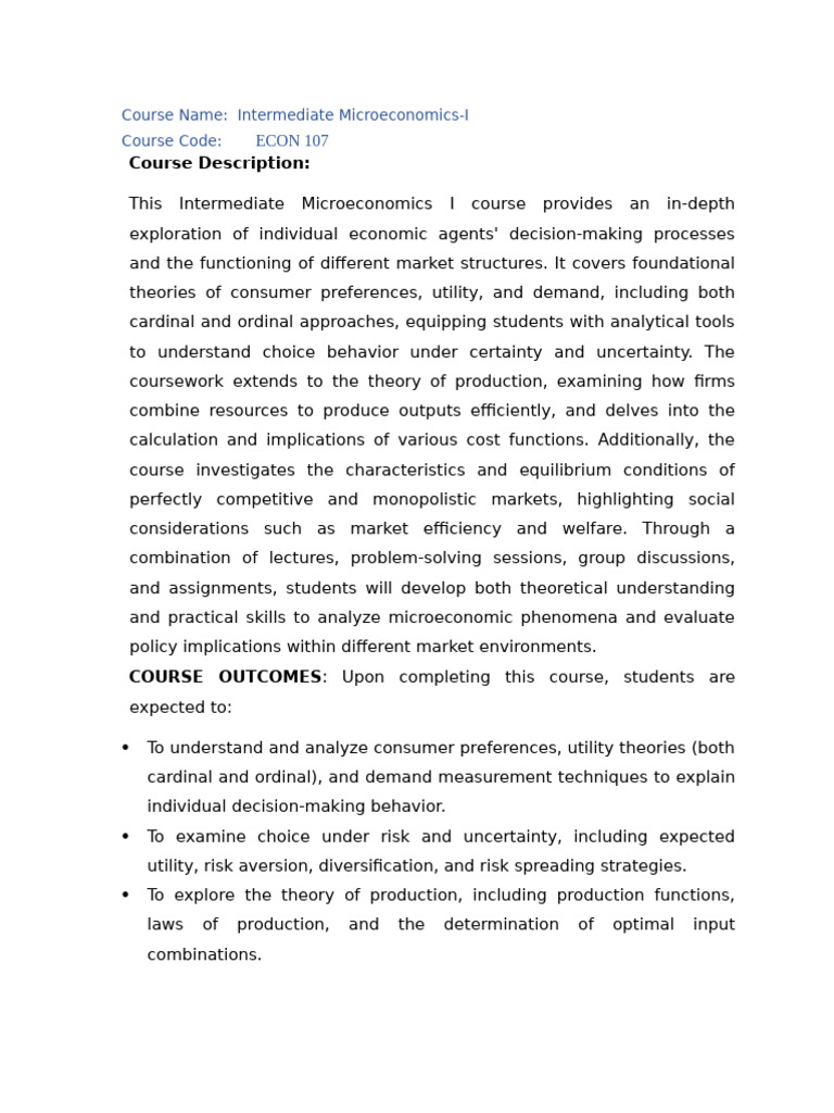 Intermediate Microeconomics I Course Guide | PDF | Utility | Microeconomics