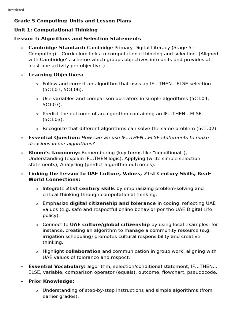 Grade 5 Computing: Algorithms & Logic | PDF | Spreadsheet | Data