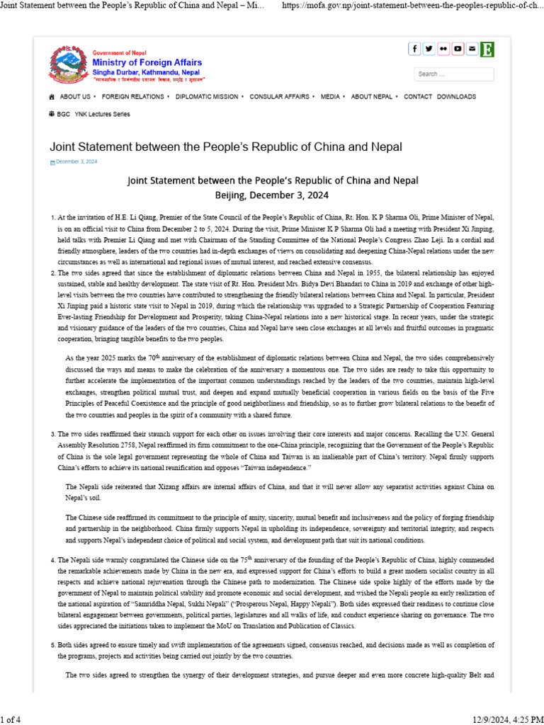 Joint Statement Between The People's Republic of China and Nepal ...