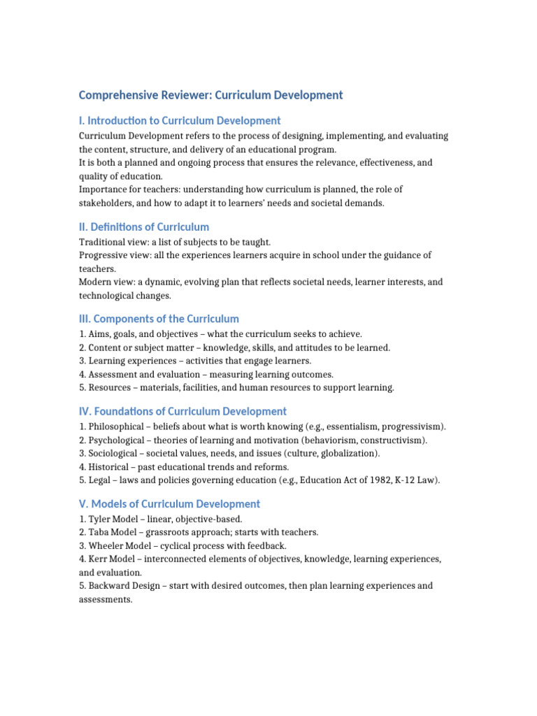 Curriculum Development Reviewer | PDF | Curriculum | Learning