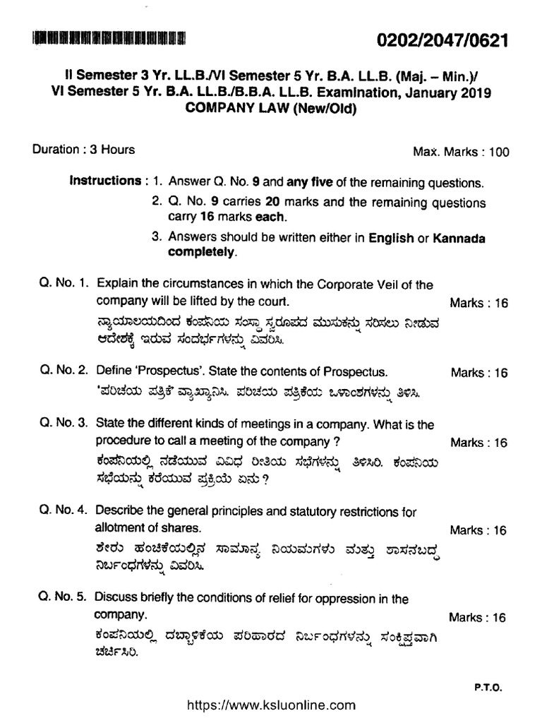 LLB 2 Sem Ballb Bballb 6 Sem Company Law 0202 Jan 2019 | PDF