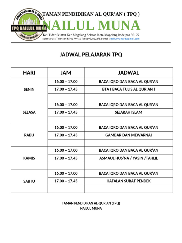 Jadwal Pelajaran TPQ | PDF