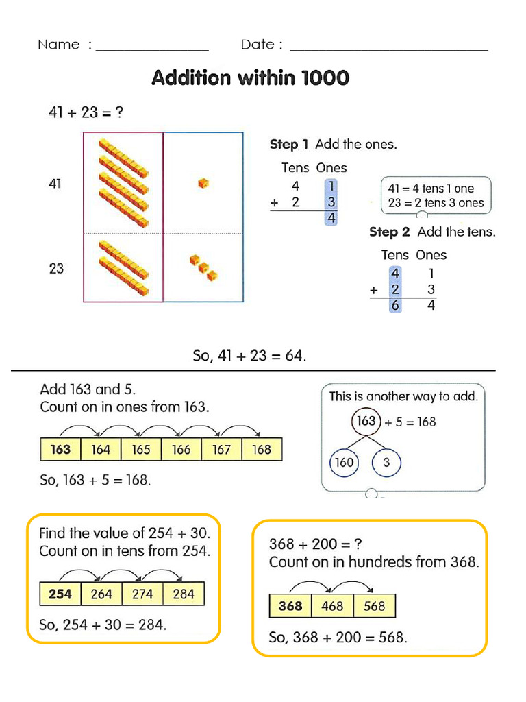 P2 MATH Week 4 - Addition Within 1000 | PDF