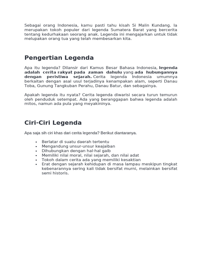 Legenda Si Malin Kundang dan Ciri-Cirinya | PDF