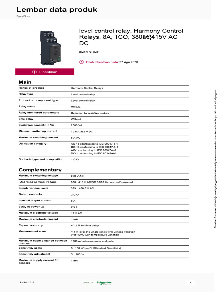 RM22LG11MT Level Control Relay Data | PDF | Relay | Alternating Current
