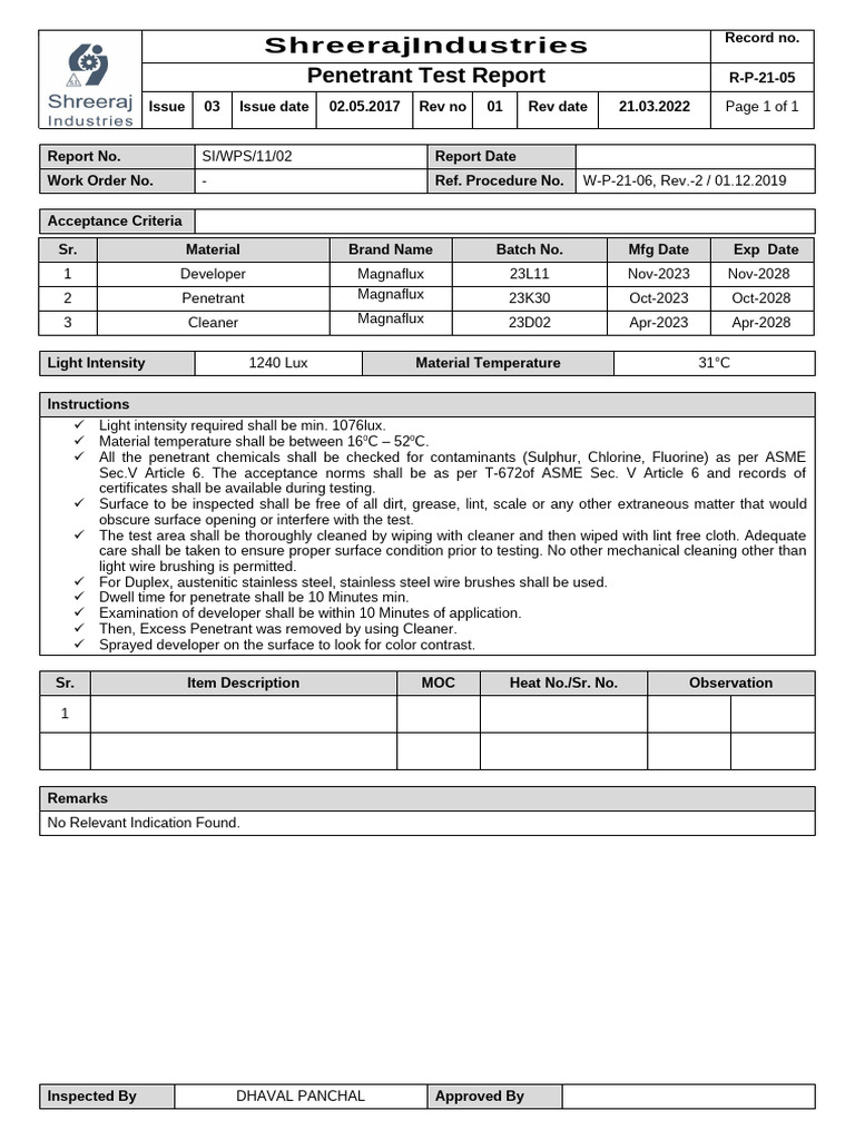 Penetrant Test Report Summary | PDF | Materials | Physical Sciences