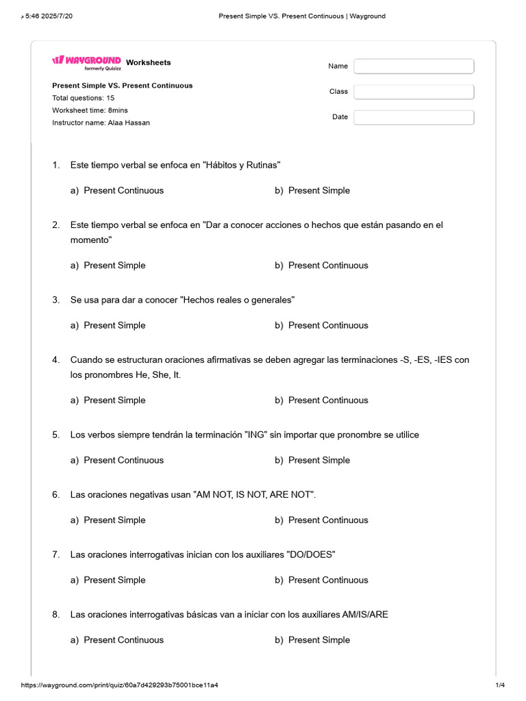 Present Simple vs. Continuous Worksheet | PDF | Chess Theory | Chess