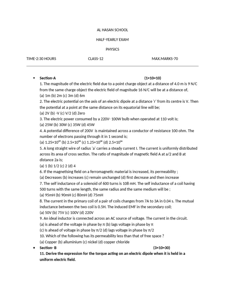 Class 12 Physics Half-Yearly Exam | PDF | Inductor | Inductance