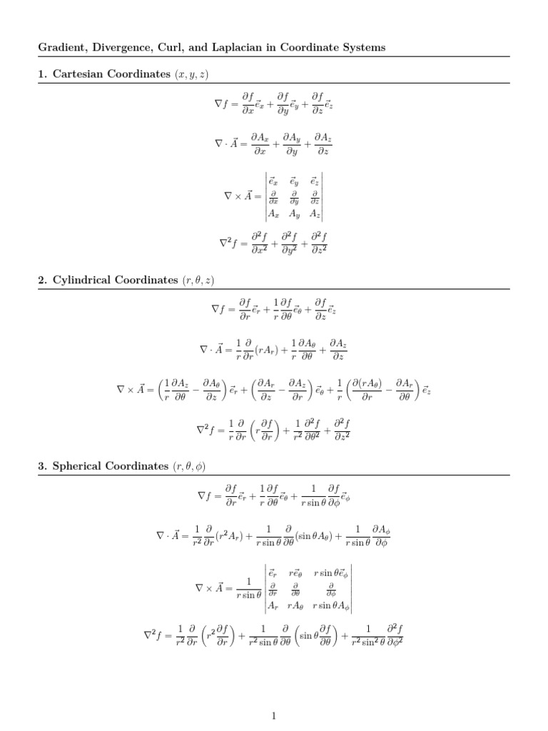 Gradient, Divergence, Curl, Laplacian Basics | PDF | Coordinate System ...