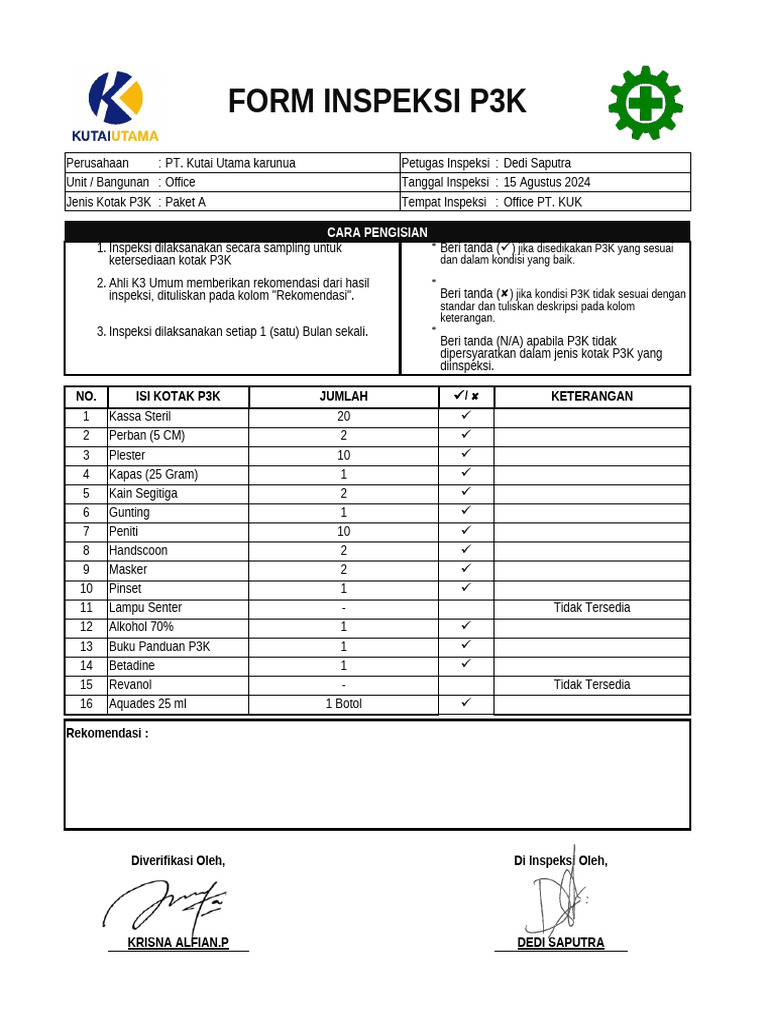 Form Inspeksi P3K dan Panel Listrik | PDF