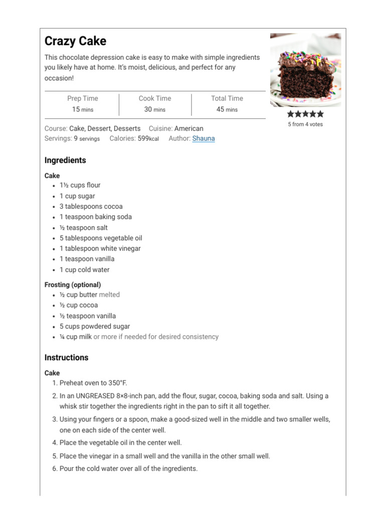 Easy Chocolate Depression Cake Recipe | PDF | Cakes | Teaspoon