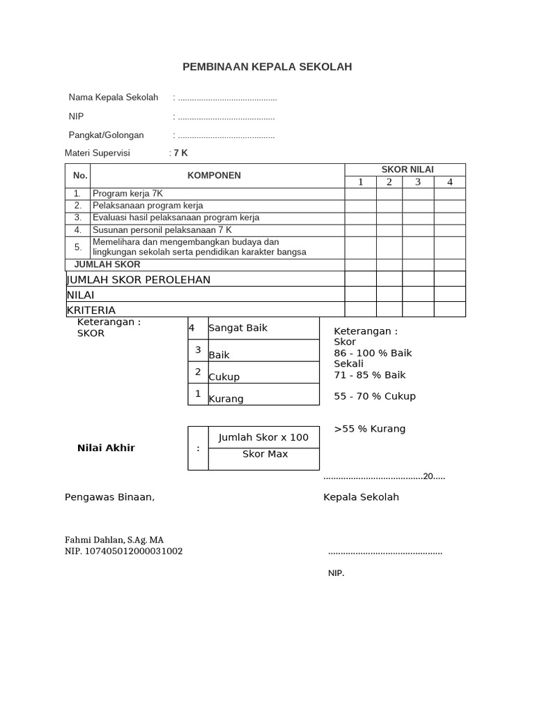 Penilaian Program Kerja 7K Kepala Sekolah | PDF