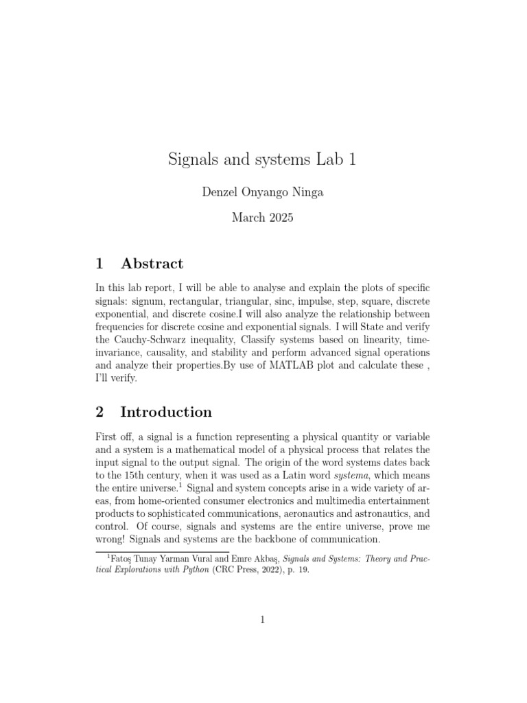 Signals and Systems Lab 1 | PDF | Matlab | System