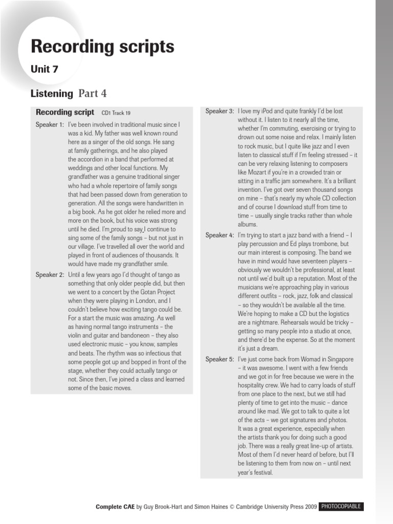 Complete Cae Advanced Unit7 Recording Script Student Version | PDF ...