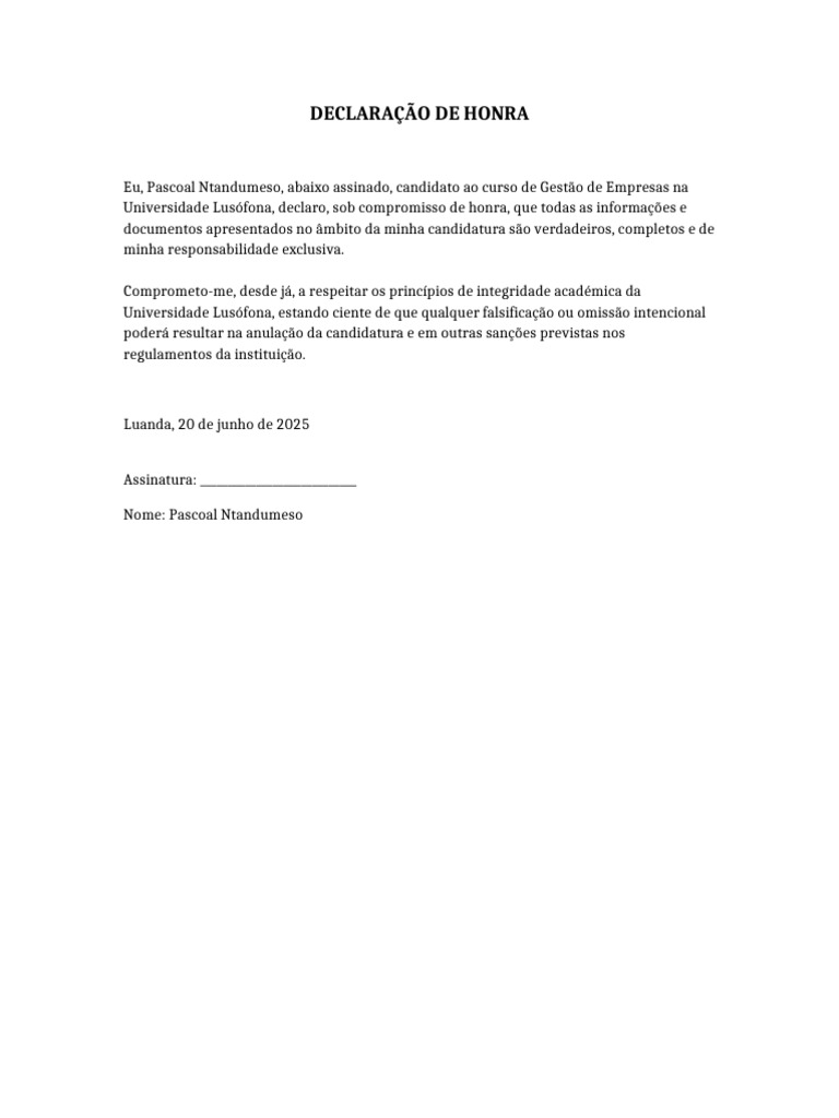 Declaração de Honra para Candidatura | PDF