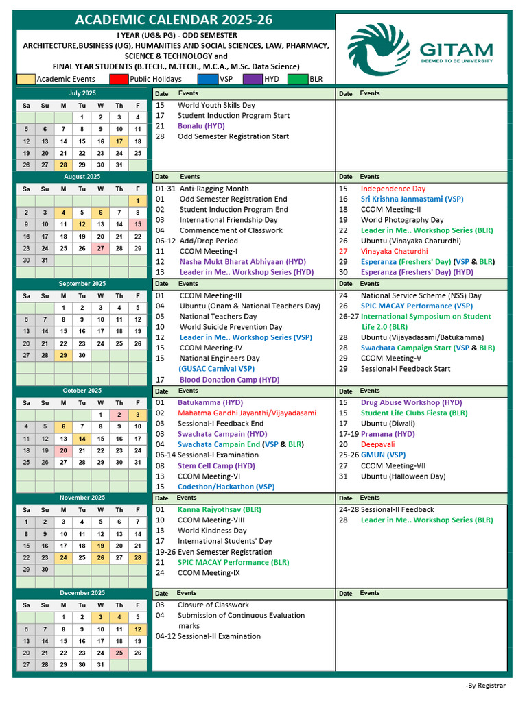 GITAM Academic Calendar 2025-26 | PDF