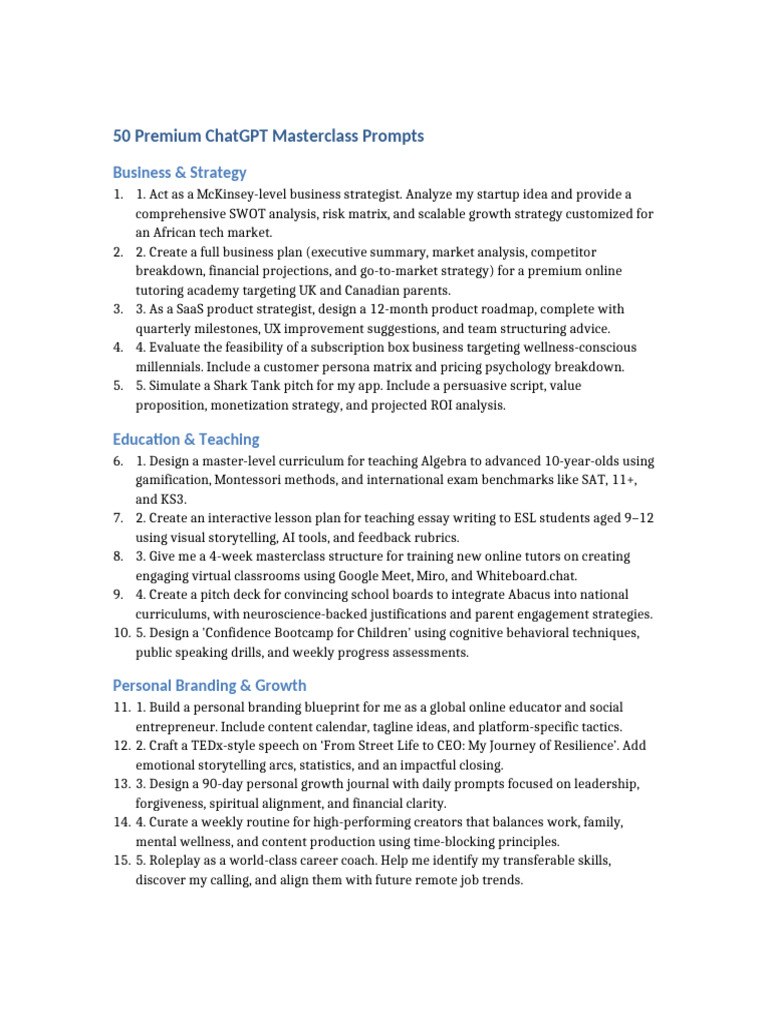 50 Expert ChatGPT Prompts for Business & Education | PDF