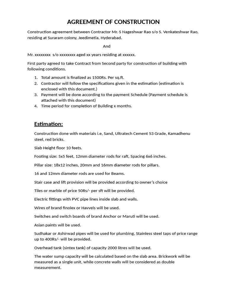 Agreement of Construction | PDF | Pipe (Fluid Conveyance) | Plumbing