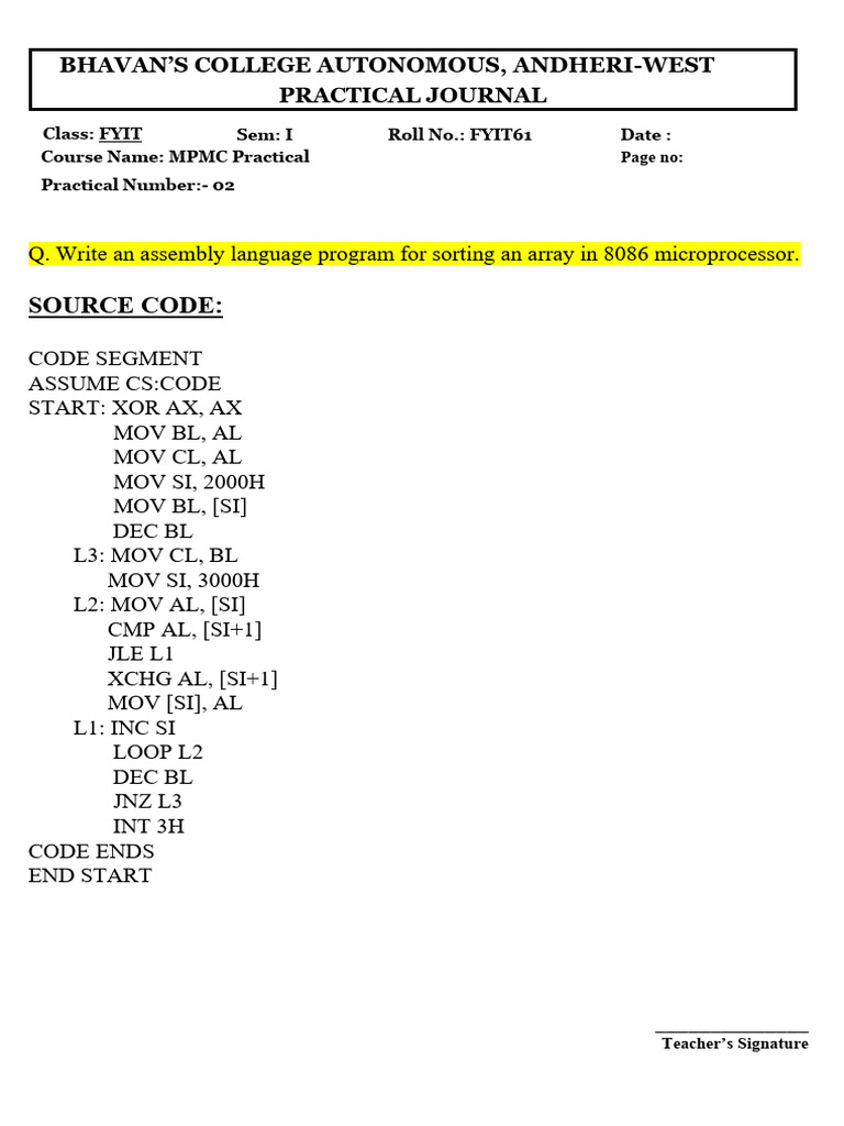8086 Assembly Array Sorting Program | PDF