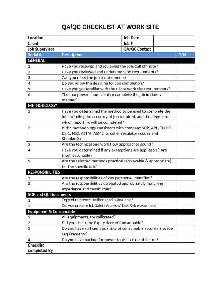QA/QC Work Site Checklist Guide | PDF