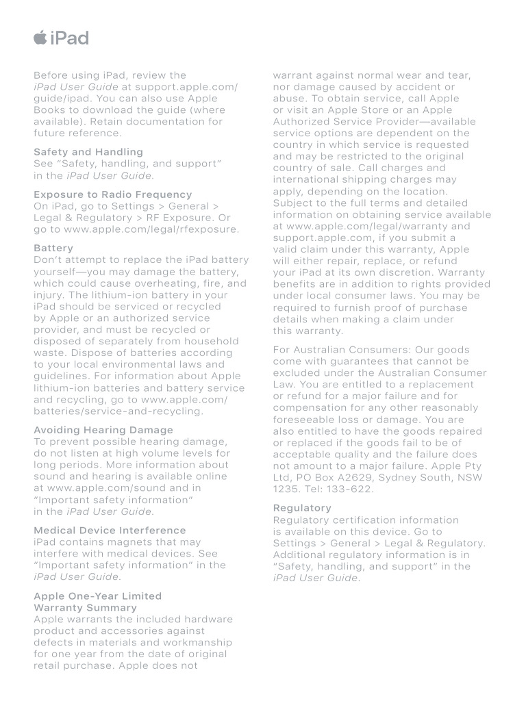 iPad Safety and Warranty Information | PDF | Apple Inc. | I Pad
