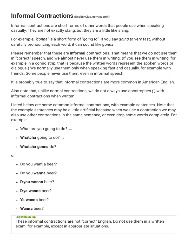 Understanding Informal Contractions | PDF | Linguistics