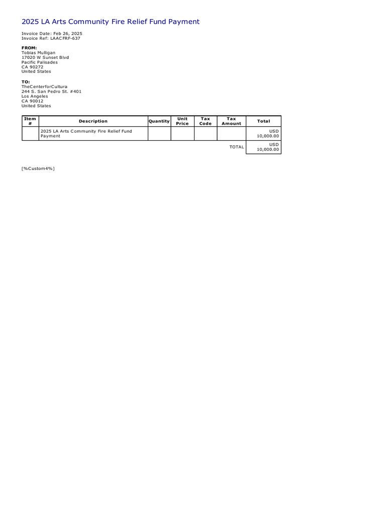2025 LA Arts Fire Relief Payment Invoice | PDF
