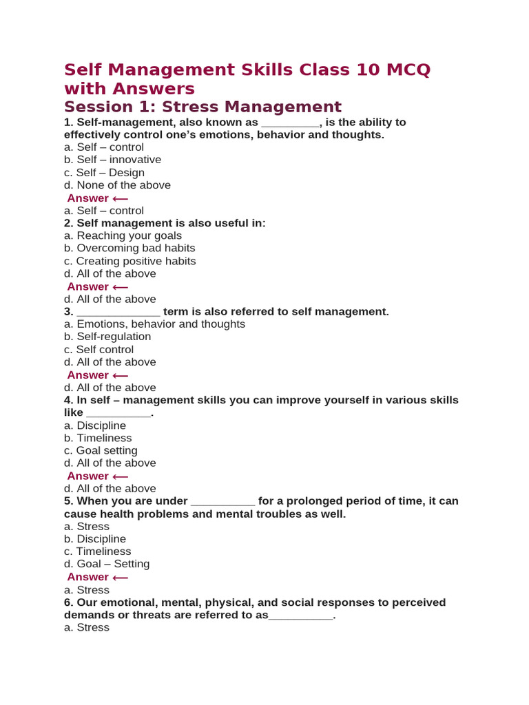 Class 10 Self Management Skills MCQs | PDF | Motivational | Motivation