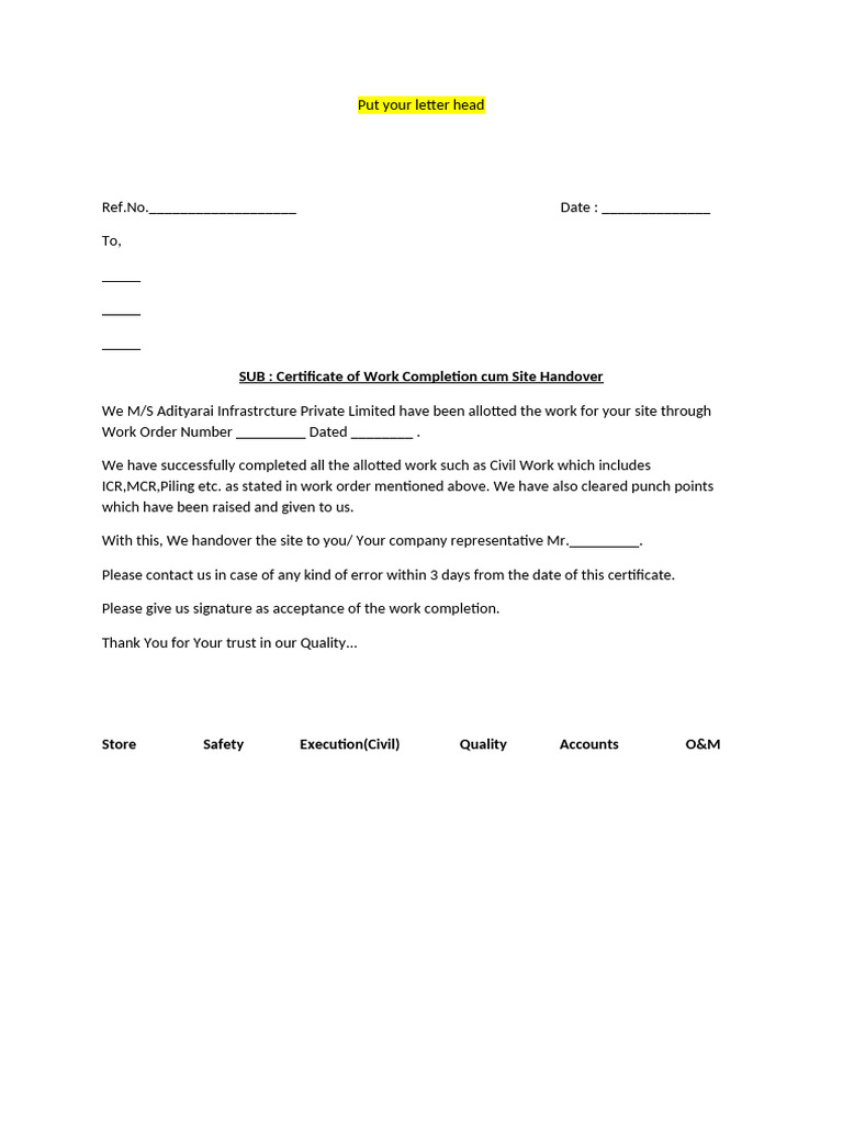 Work Completion Certificate Template | PDF