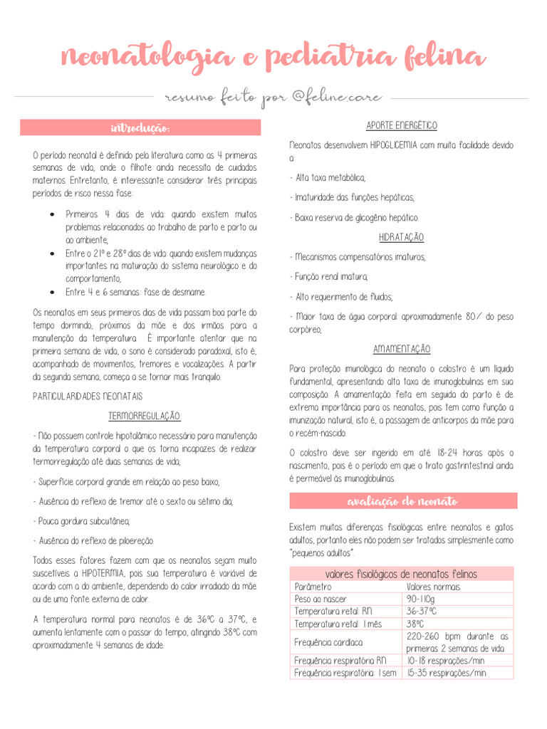 Resumo Neonatologia e Pediatria Felina @feline - Care | PDF | Bebês ...