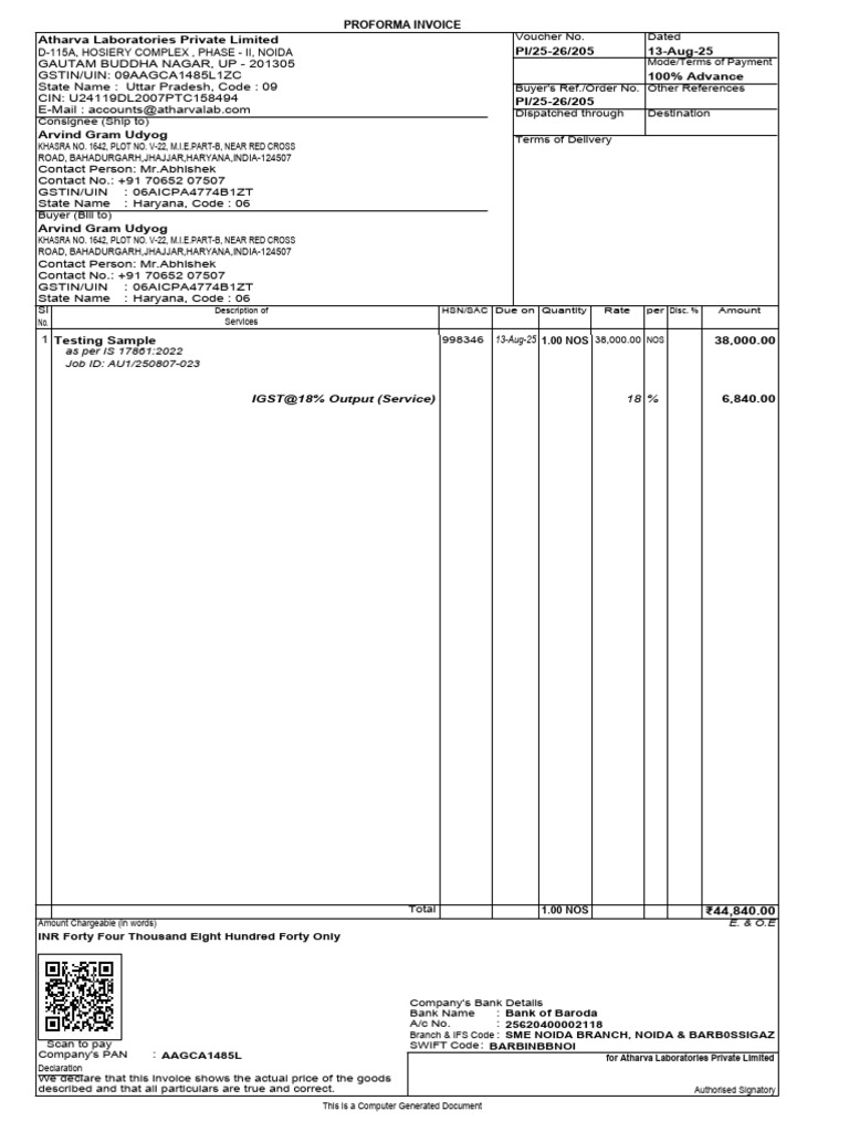 Proforma Invoice for Testing Services | PDF