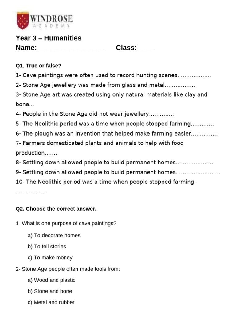 Pottery and Stone Age Art Worksheet | PDF