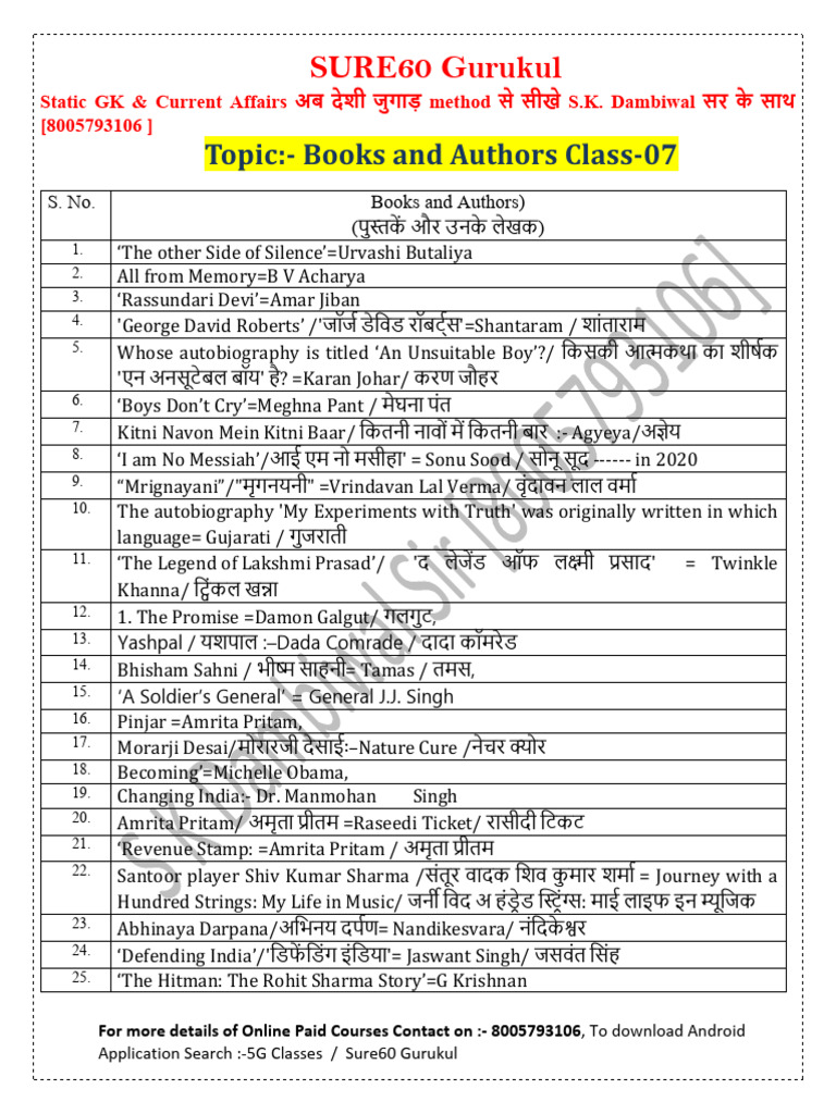 Books and Authors for Class 7 Study Guide | PDF