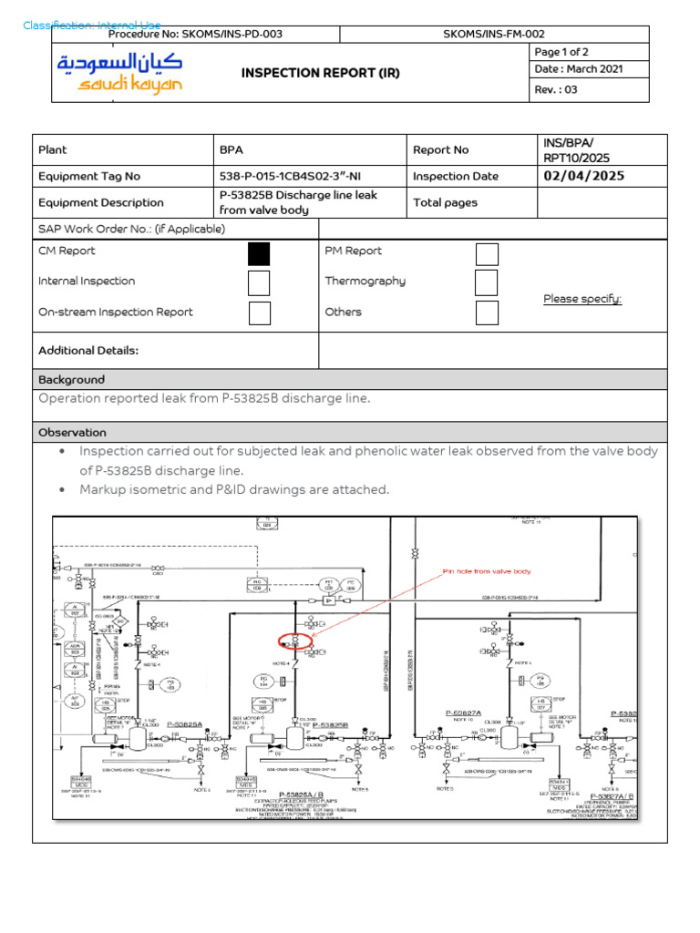 Inspection Report - P-53825B Discharge Line Leak From Valve Body | PDF