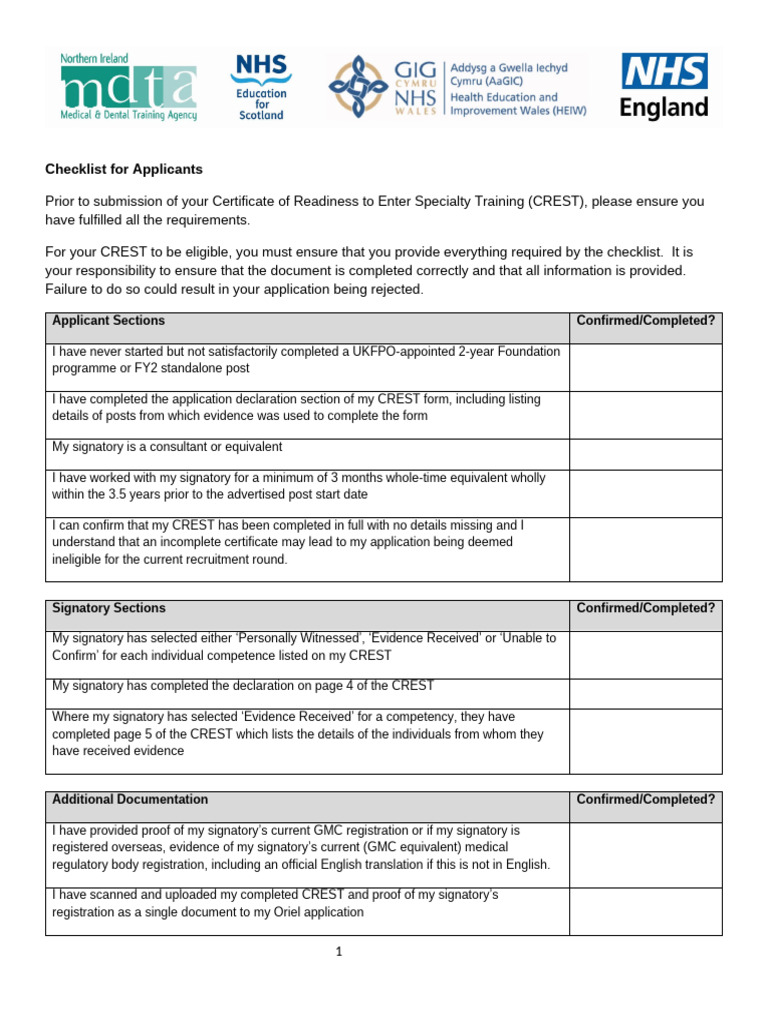 CREST Form Submission Checklist 2024 | PDF