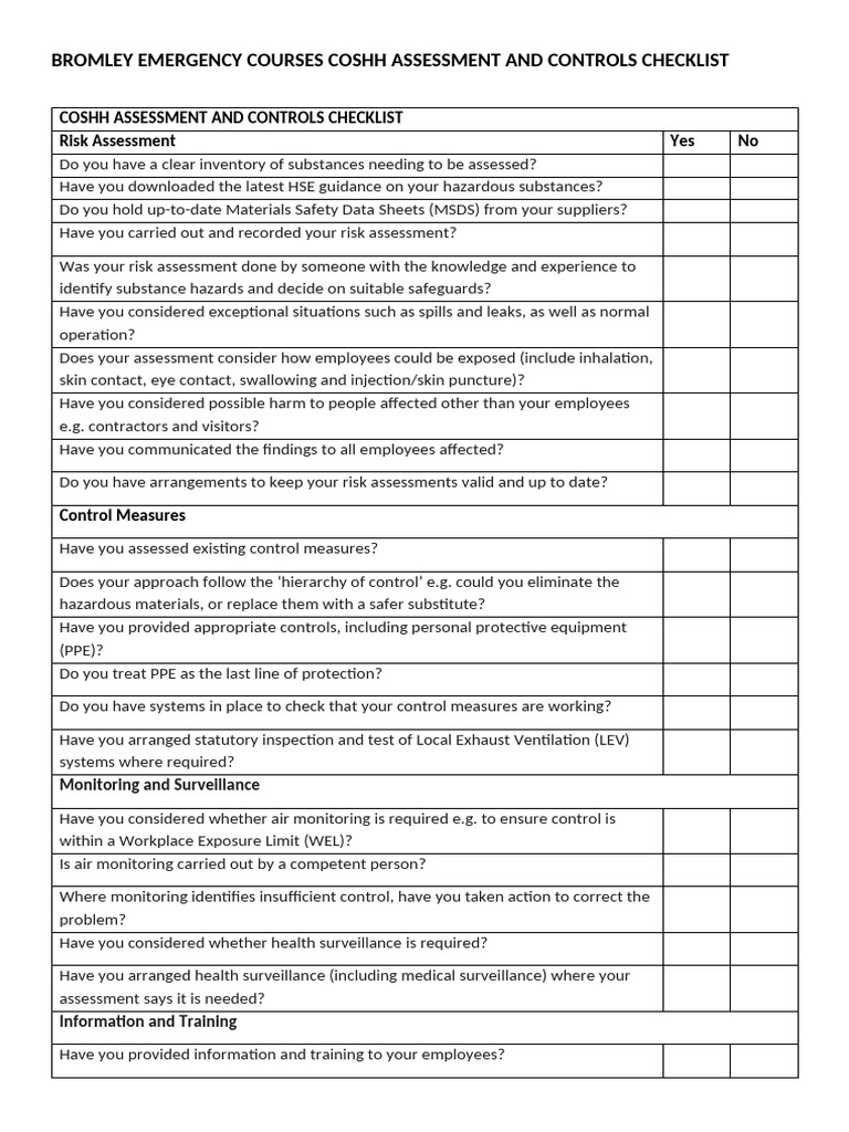 COSHH Assessment and Controls Checklist | PDF | Personal Protective ...
