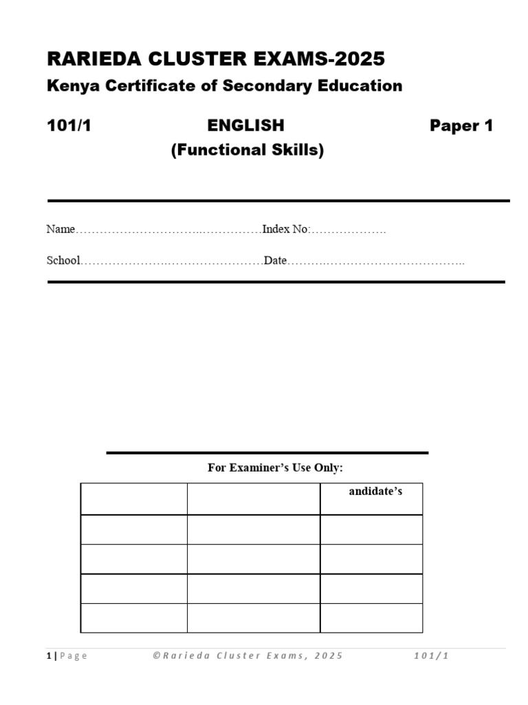 Rarieda Cluster KCSE English Paper 1 2025 | PDF