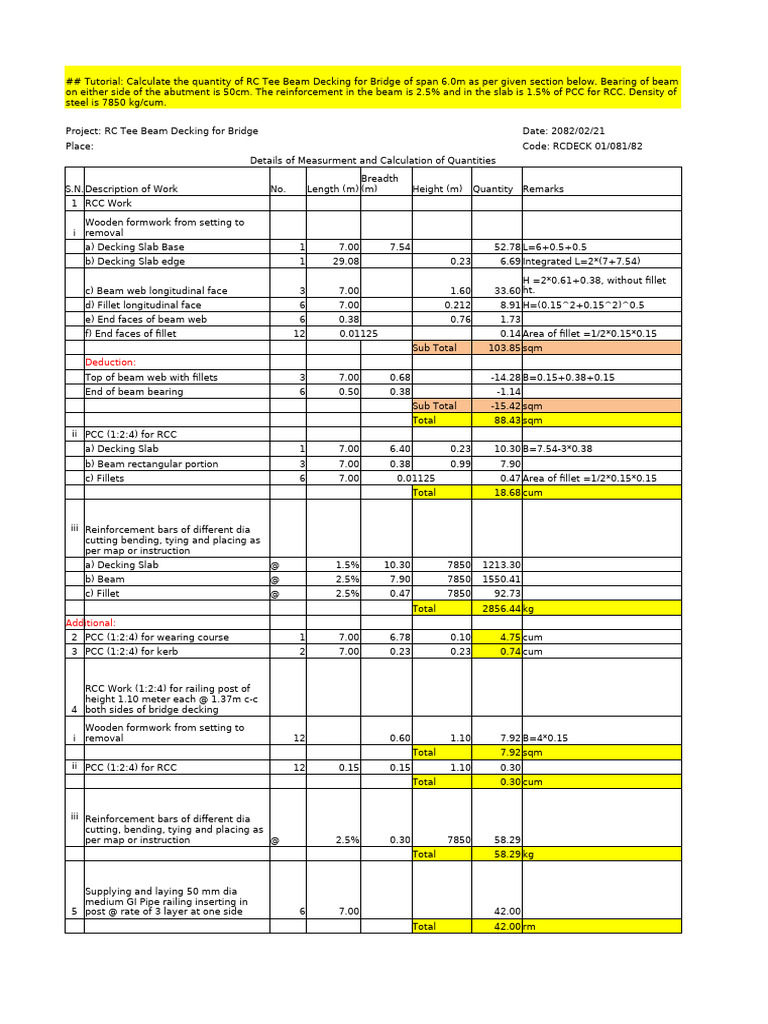 RC Tee Beam Decking Quantity Calculation | PDF | Materials | Building ...