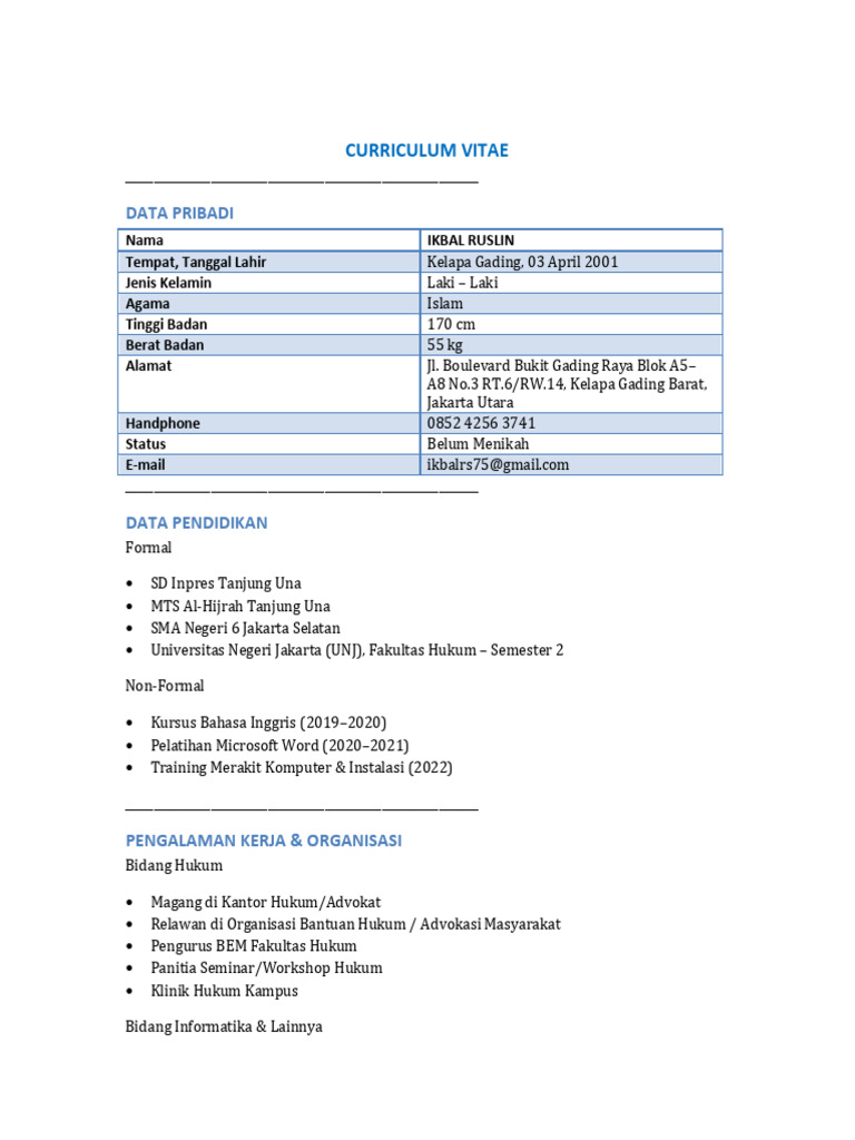 CV Iqbal Ruslin: Hukum & Informatika | PDF