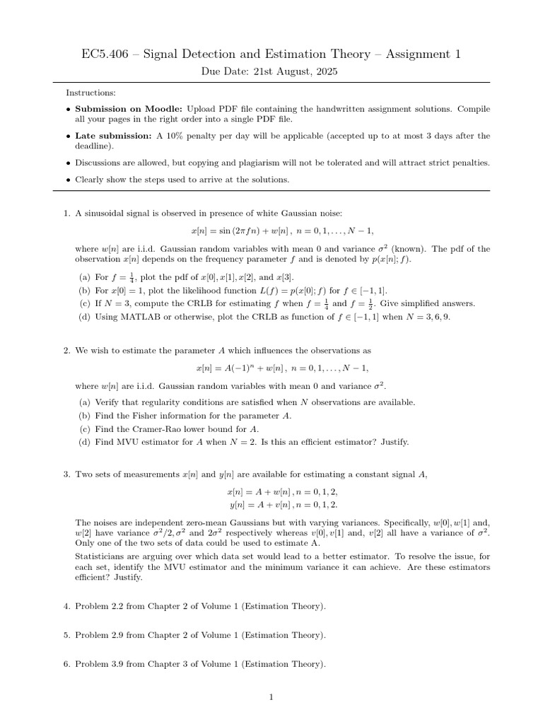 Signal Detection Assignment 1 Guide | PDF | Estimator | Estimation Theory